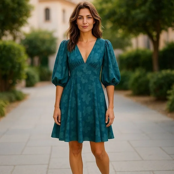 Anthropologie Jacquard Tunic Dress Green Teal Puff Sleeve Size 2P - Picture 1 of 11